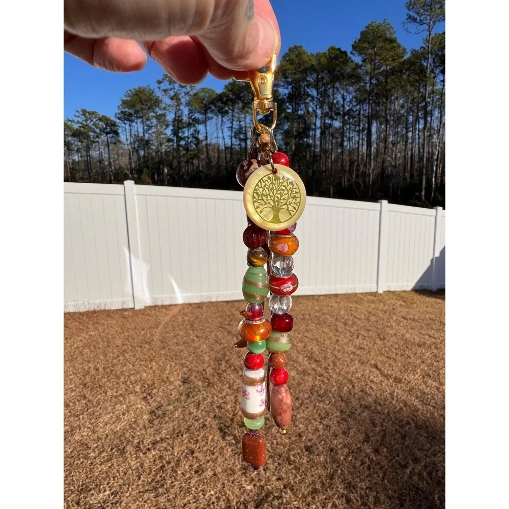 Boho Beaded Bag Purse Charm‎ reds & brown colors gold tone Gift